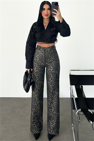 PREMİUM YÜKSEK BEL LEOPAR MUMLU WİDE LEG JEAN