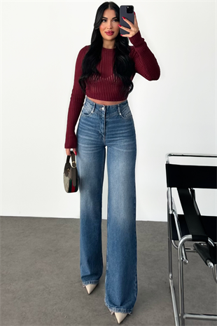 PREMİUM YÜKSEK BEL MİD BLUE BEL DETAYLI WİDE LEG JEAN