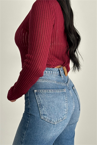PREMİUM YÜKSEK BEL MİD BLUE BEL DETAYLI WİDE LEG JEAN