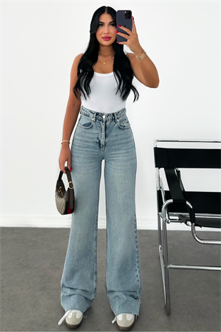 PREMİUM YÜKSEK BEL MİD BLUE LAZER PAÇA PANTOLON