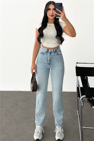 PREMİUM YÜKSEK BEL MİD BLUE LENİSA TAŞLI JEAN