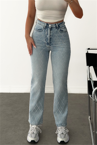 PREMİUM YÜKSEK BEL MİD BLUE LENİSA TAŞLI JEAN