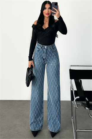 PREMİUM YÜKSEK BEL MİD BLUE TAŞLI WİDE LEG JEAN