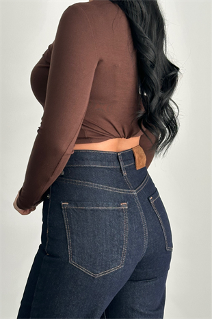 PREMİUM YÜKSEK BEL ÖNÜ ÇIMALI DARK BLUE JEAN