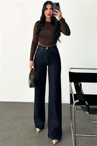 PREMİUM YÜKSEK BEL ÖNÜ ÇIMALI DARK BLUE JEAN