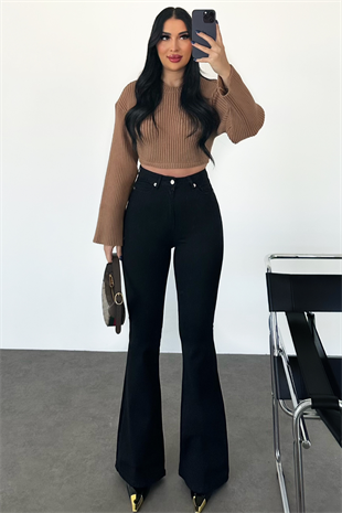 PREMİUM YÜKSEK BEL SİYAH RENK FLARE JEAN