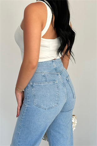 PREMİUM YÜKSEK BEL TEK DİZİ YIRTIK JEAN