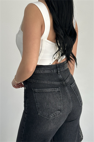PREMİUM YÜKSEK BEL YIKAMALI ANTRASİT WİDE LEG JEAN