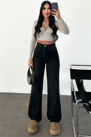 PREMİUM YÜKSEK BEL YIKAMALI SİYAH WİDE LEG JEAN