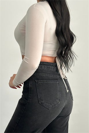 PREMİUM YÜKSEK BEL YIKAMALI SİYAH WİDE LEG JEAN