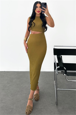 PREMİYM BEL DETAYLI YEŞİL ELBİSE