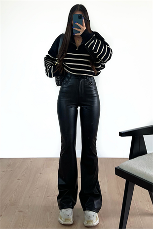 SİYAH BOL PAÇA DERİ PANTOLON