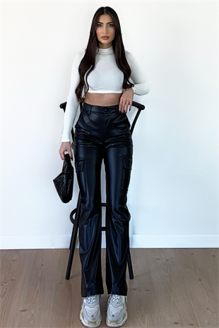 SİYAH DERİ KARGO PANTOLON