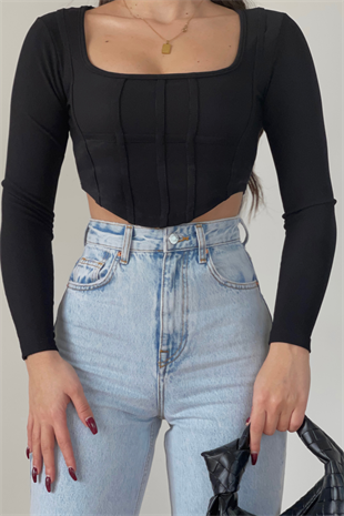 SİYAH KORSE DETAYLI BLUZ