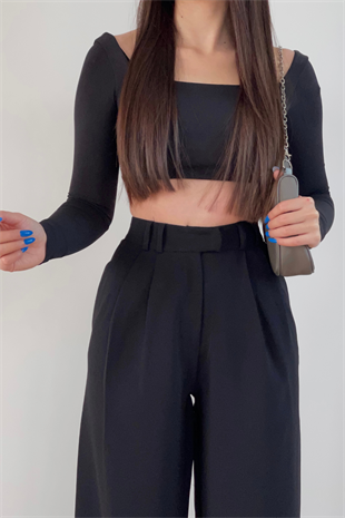 SİYAH PENS DETAYLI PALAZZO PANTOLON