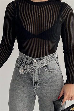 SİYAH TÜL DETAYLI BLUZ