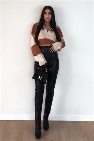 SİYAH YÜKSEL BEL DERİ PANTOLON