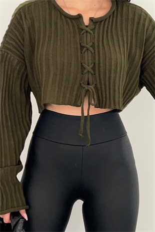 YEŞİL İP DETAYLI CROP KAZAK