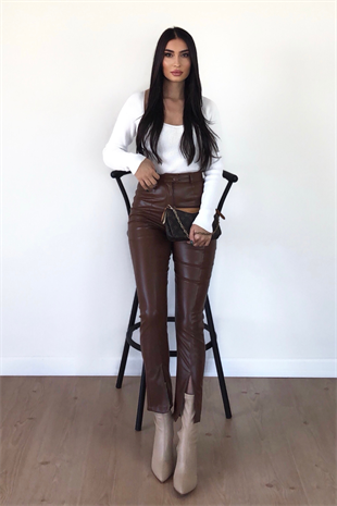 YIRTMAÇLI KAHVE DERİ PANTOLON