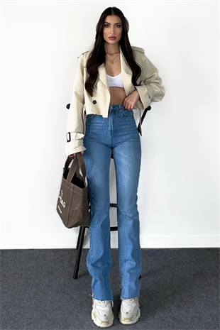 YIRTMAÇLI YÜKSEK BEL MİD BLUE JEAN