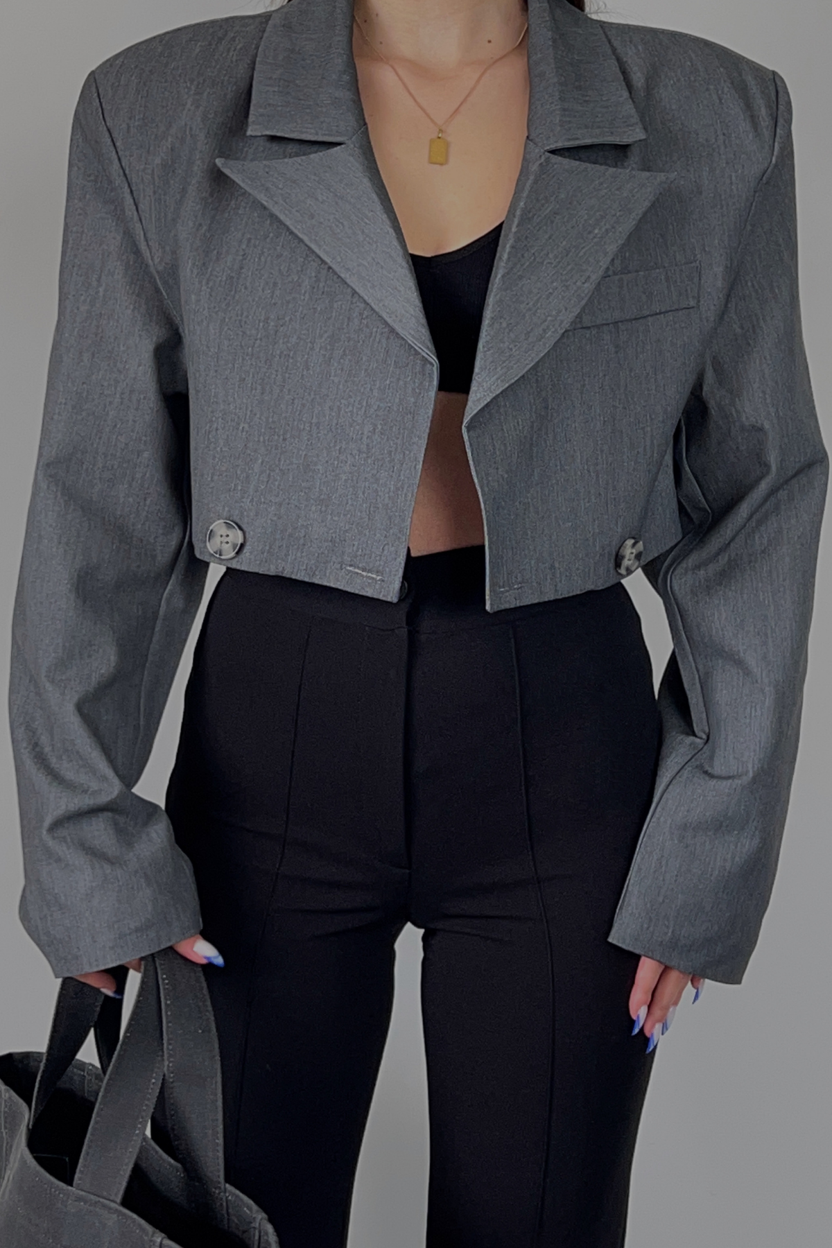 GRİ CROP BLAZER CEKET