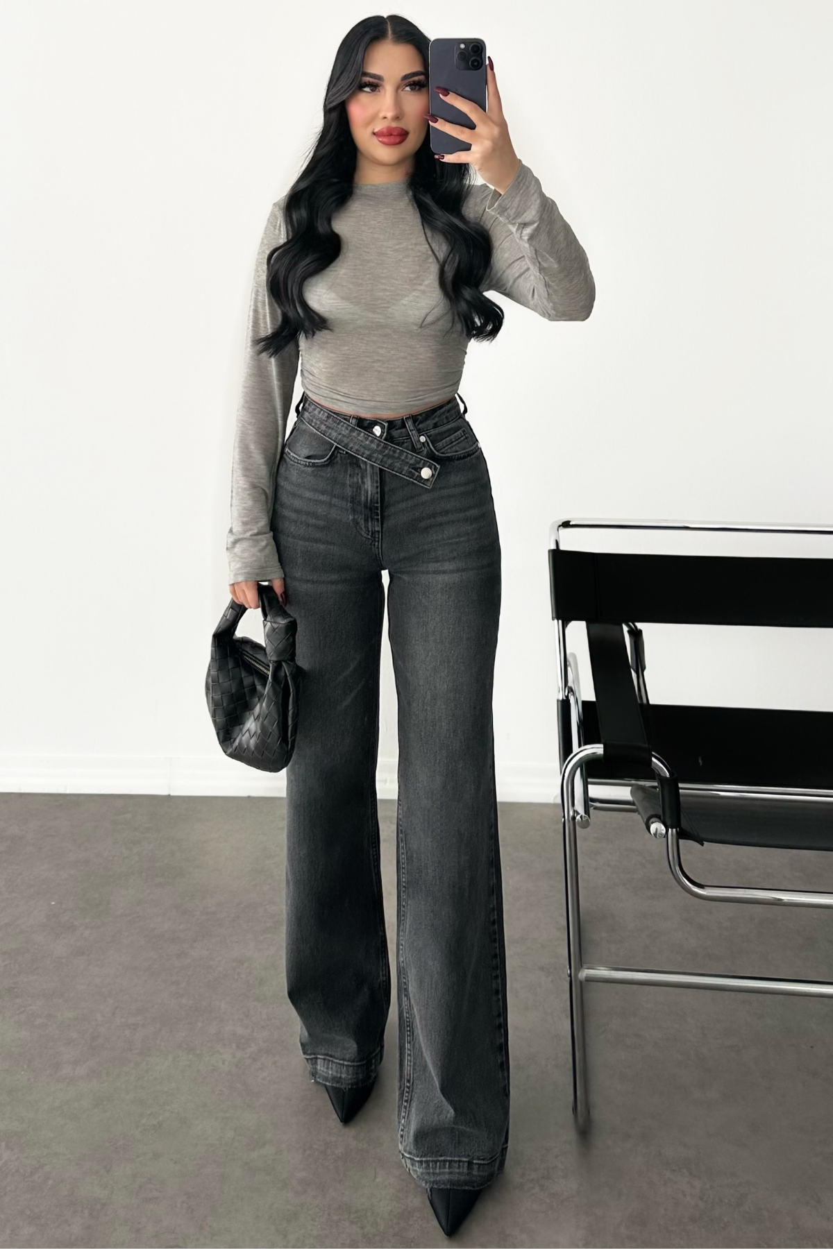 PREMİUM ANTRASİT WİDE LEG KEMERLİ JEAN