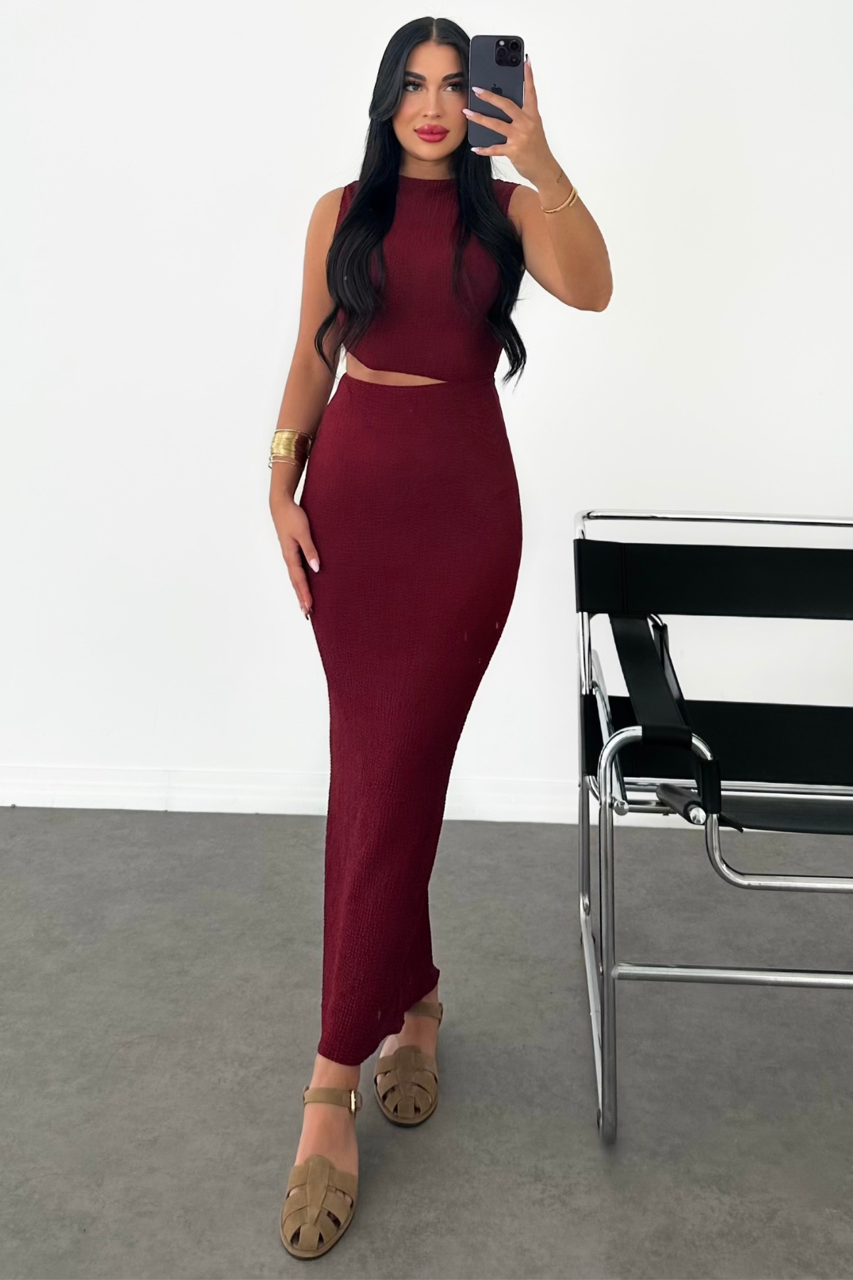 PREMİUM BEL DETAYLI BORDO ELBİSE