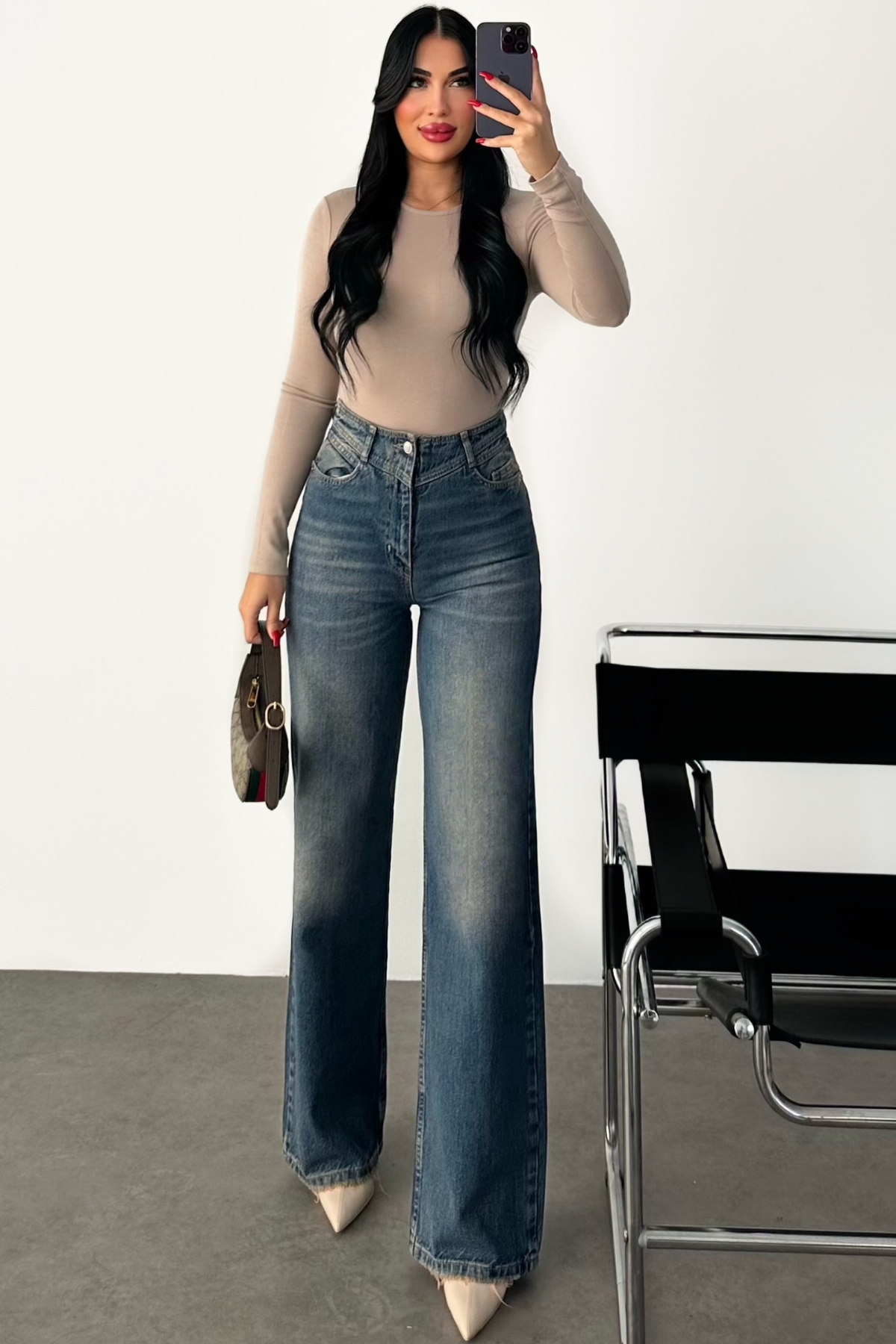 PREMİUM BEL DETAYLI KOYU TİNTLİ WİDE LEG JEAN