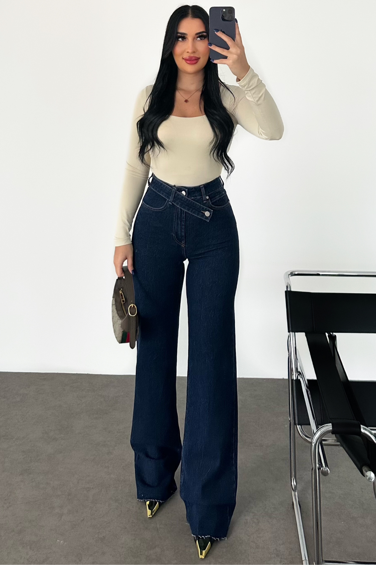 PREMİUM DARK BLUE EKSTRA YÜKSEK BEL ÇAPRAZ KEMERLİ WİDE LEG JEAN