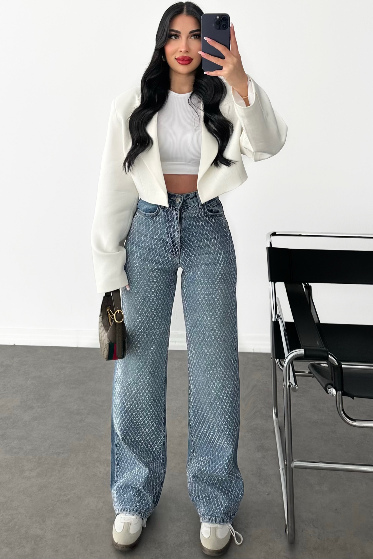 PREMİUM WİDE LEG MID BLUE TAŞLI JEAN 