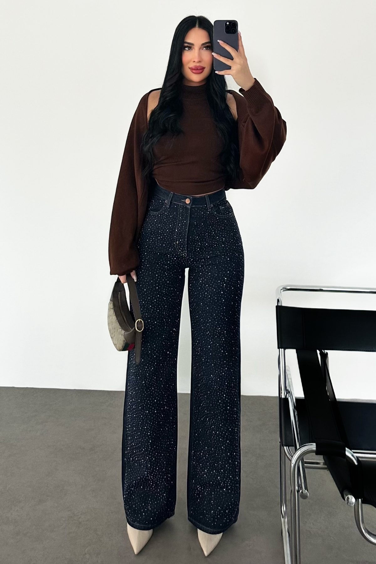 PREMİUM YÜKSEK BEL DARK BLUE TAŞLI WİDE LEG JEAN