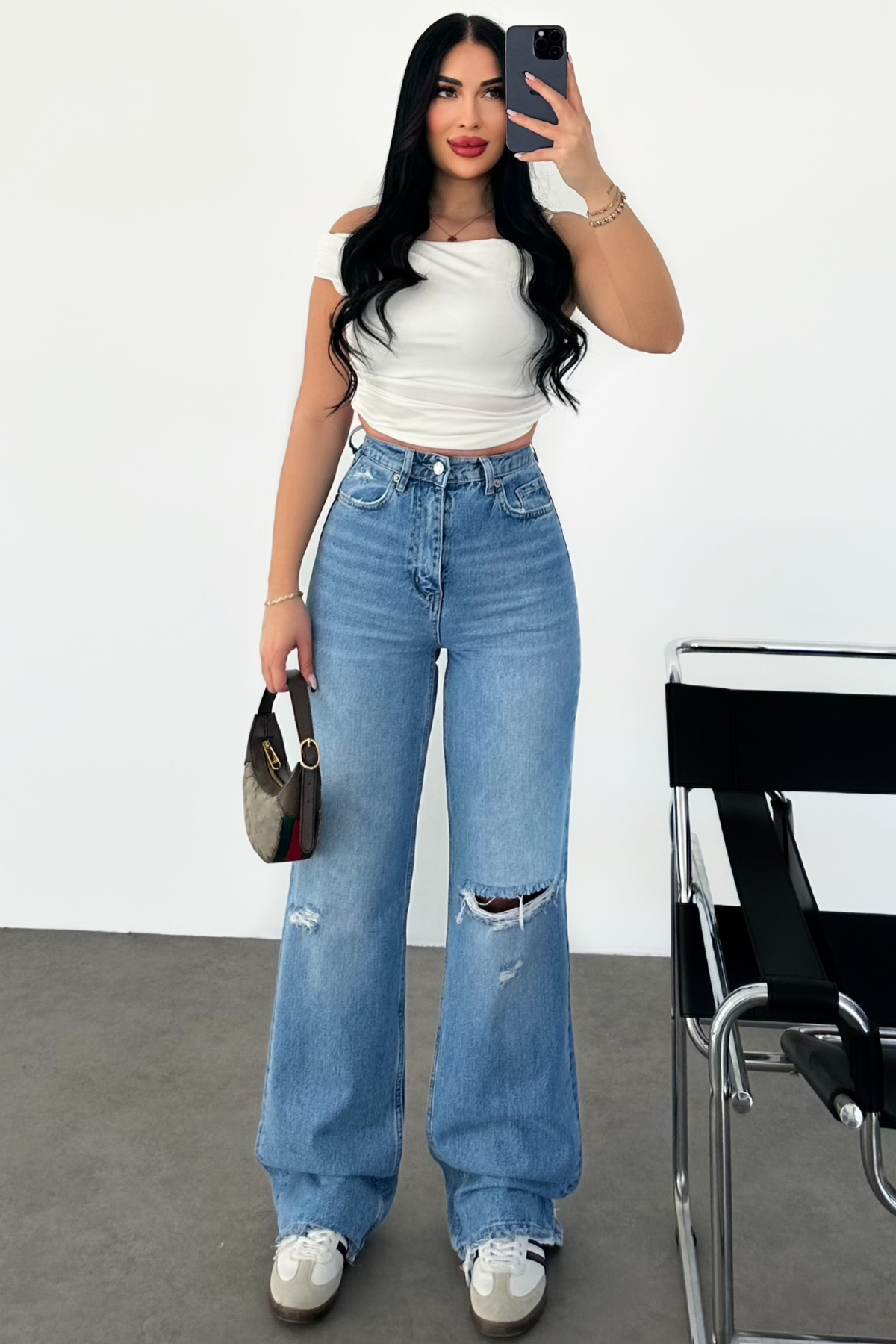 PREMİUM YÜKSEK BEL DİZİ YIRTIK JEAN