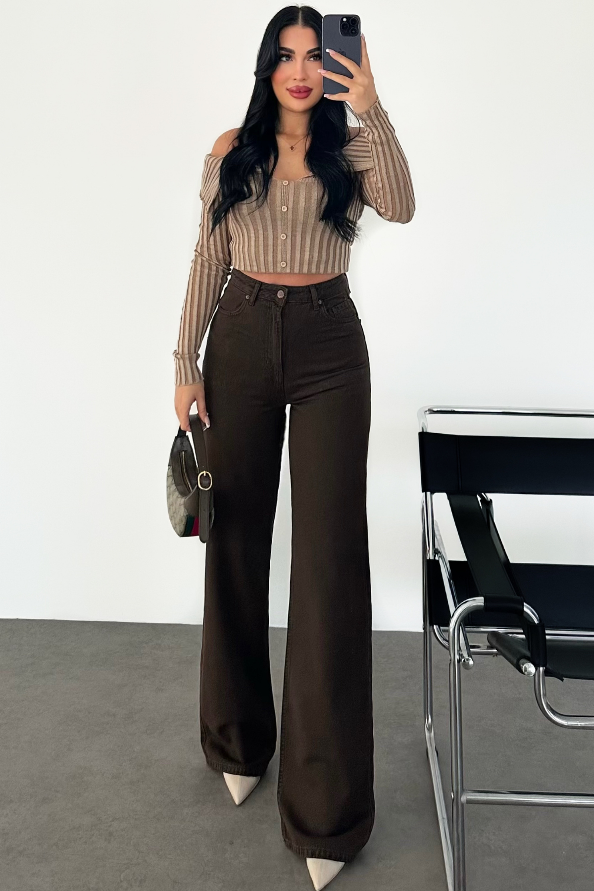 PREMİUM YÜKSEK BEL KAHVERENGİ WİDE LEG NESSY JEAN