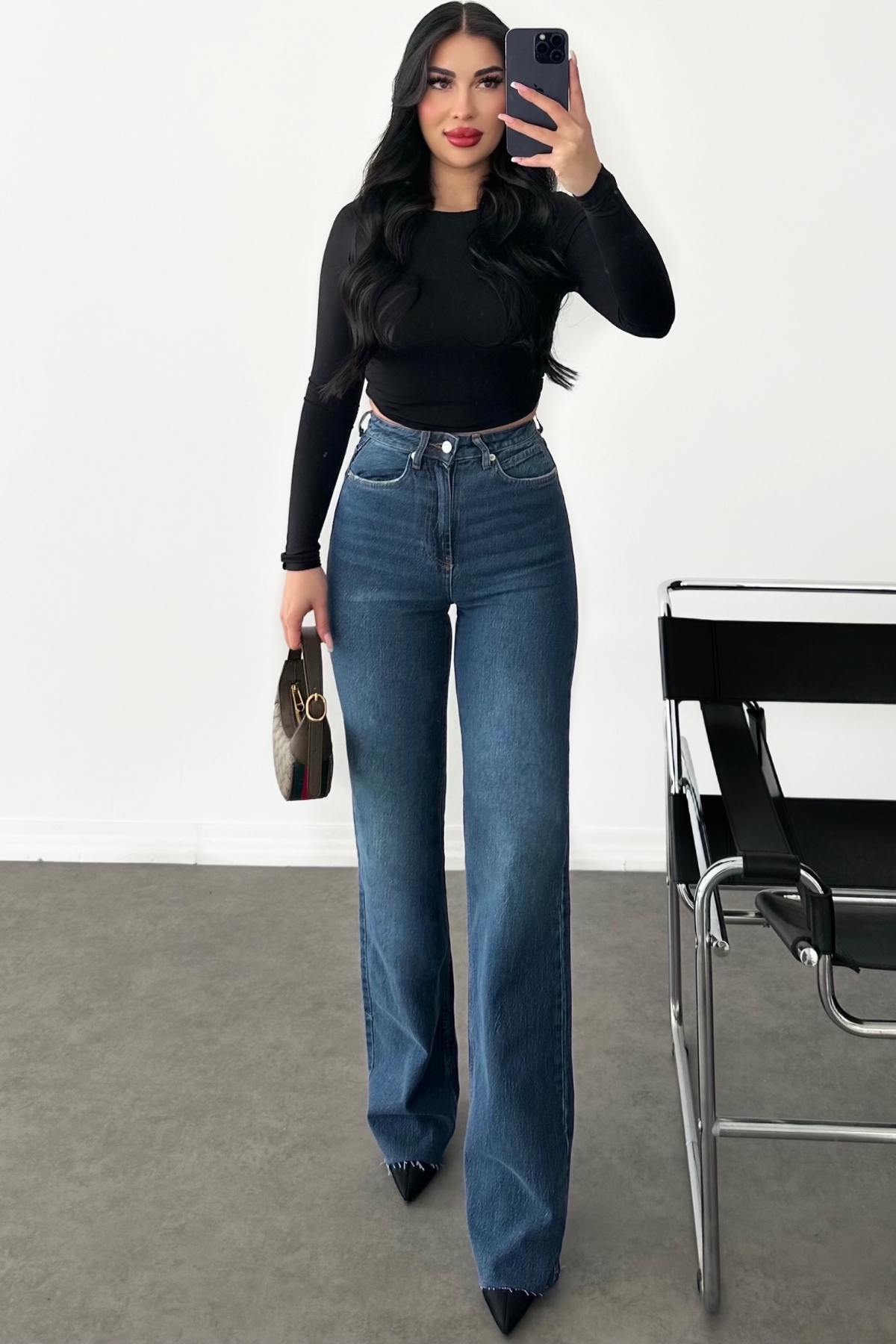PREMİUM YÜKSEK BEL KOYU MİD BLUE WİDE LEG JEAN