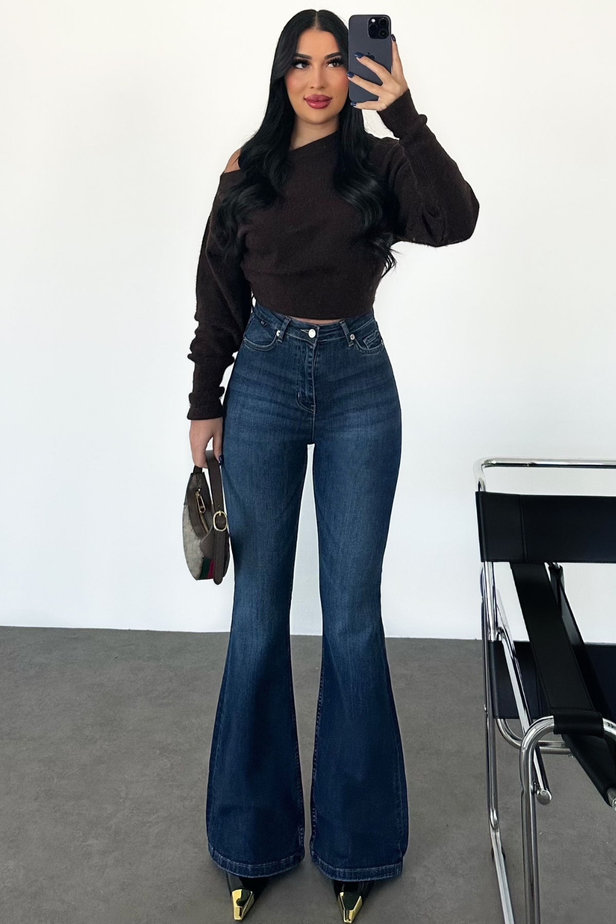 PREMİUM YÜKSEK BEL KOYU TİNTLİ FLARE JEAN