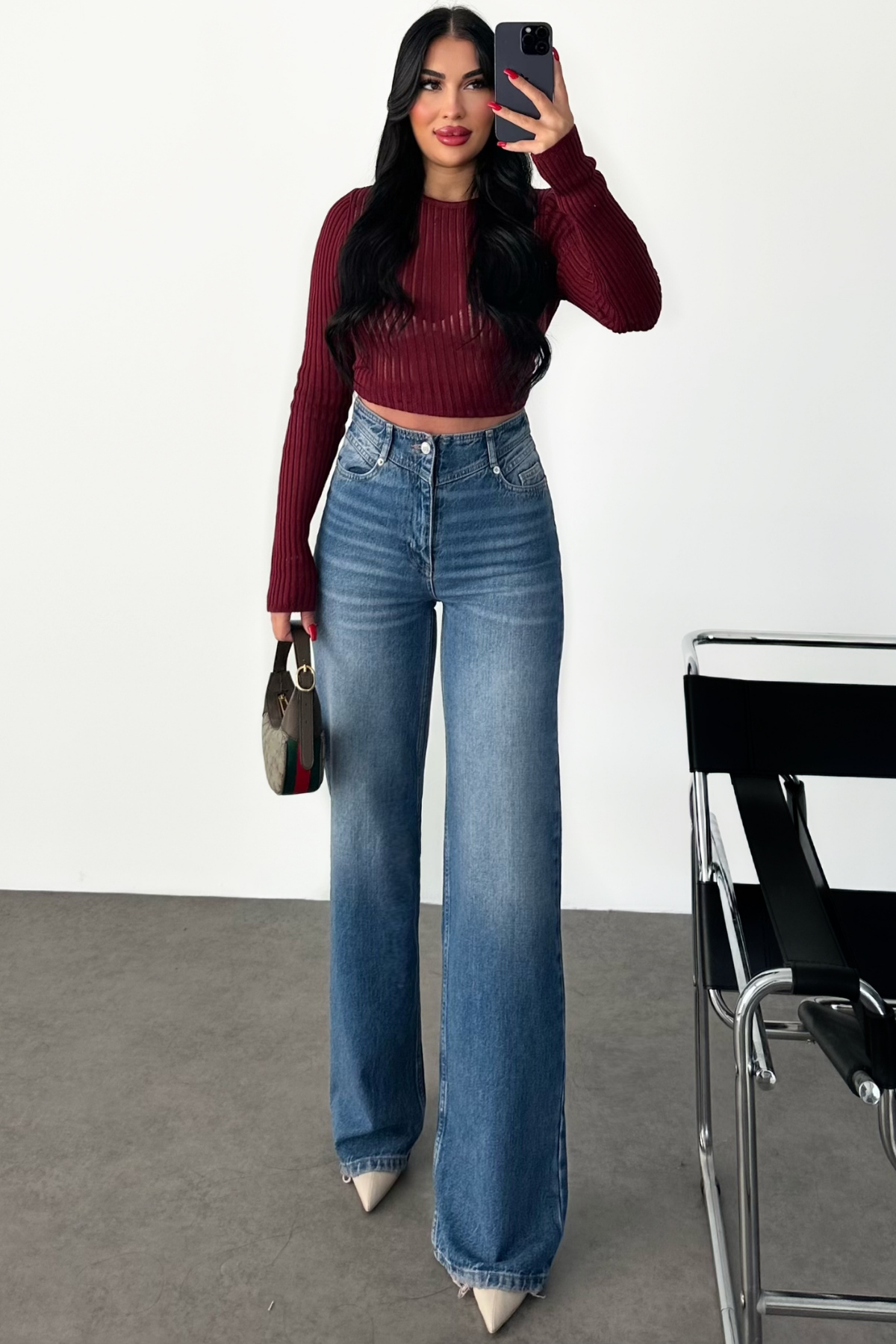 PREMİUM YÜKSEK BEL MİD BLUE BEL DETAYLI WİDE LEG JEAN
