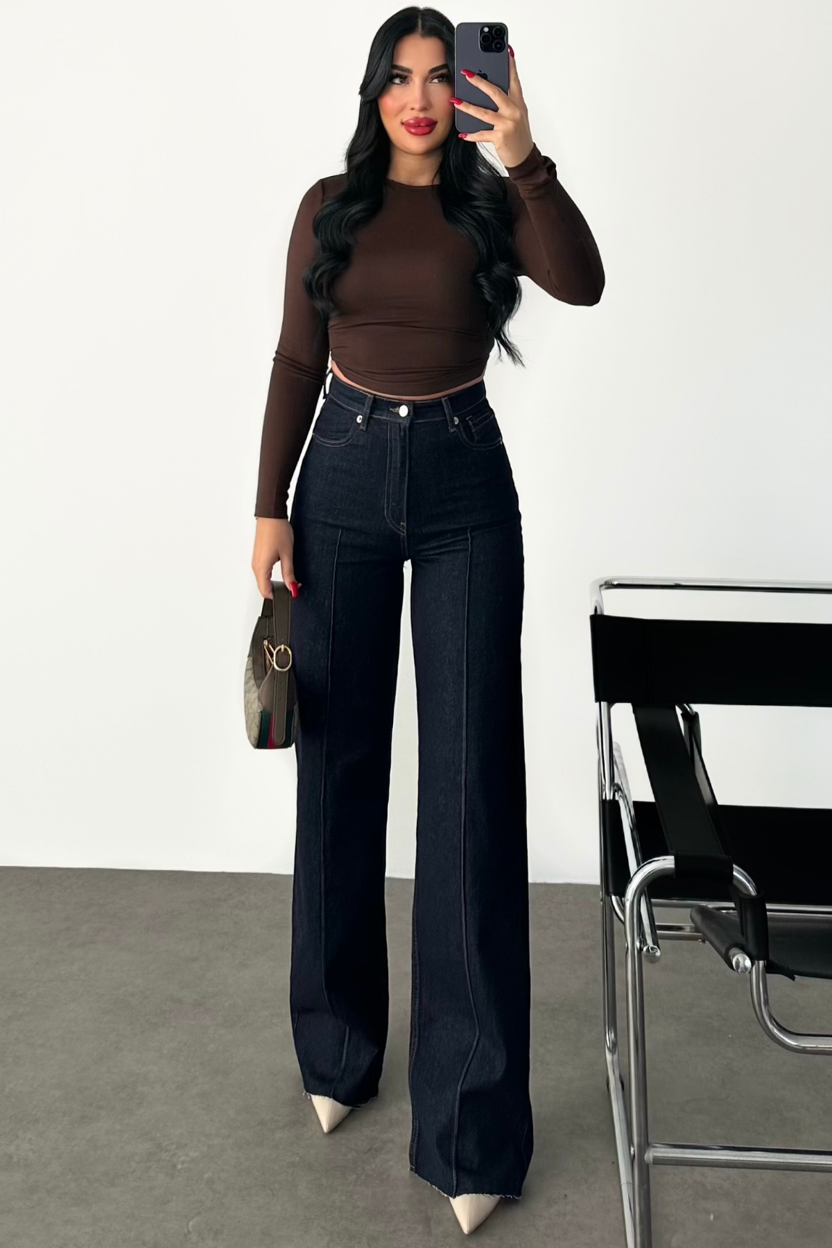 PREMİUM YÜKSEK BEL ÖNÜ ÇIMALI DARK BLUE JEAN