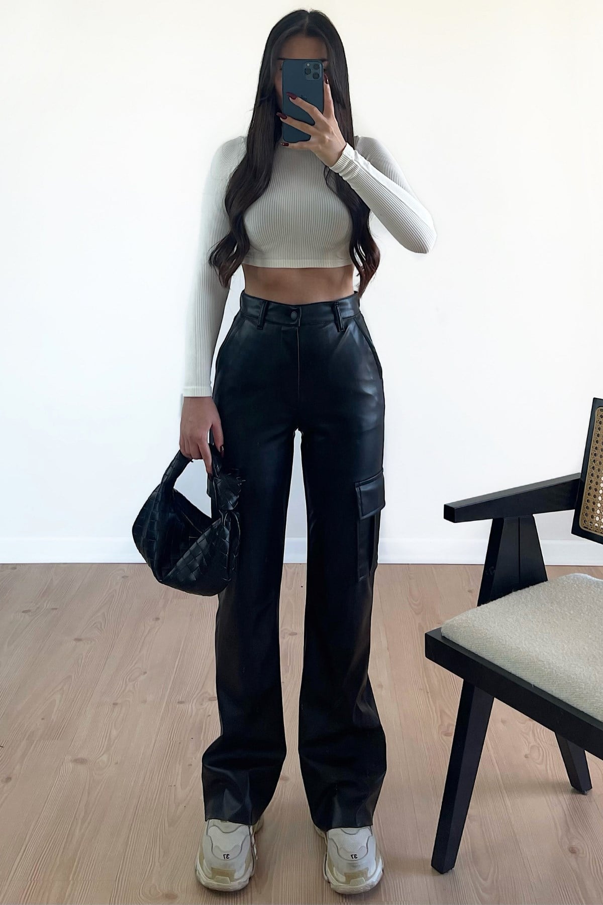 SİYAH DERİ KARGO PANTOLON