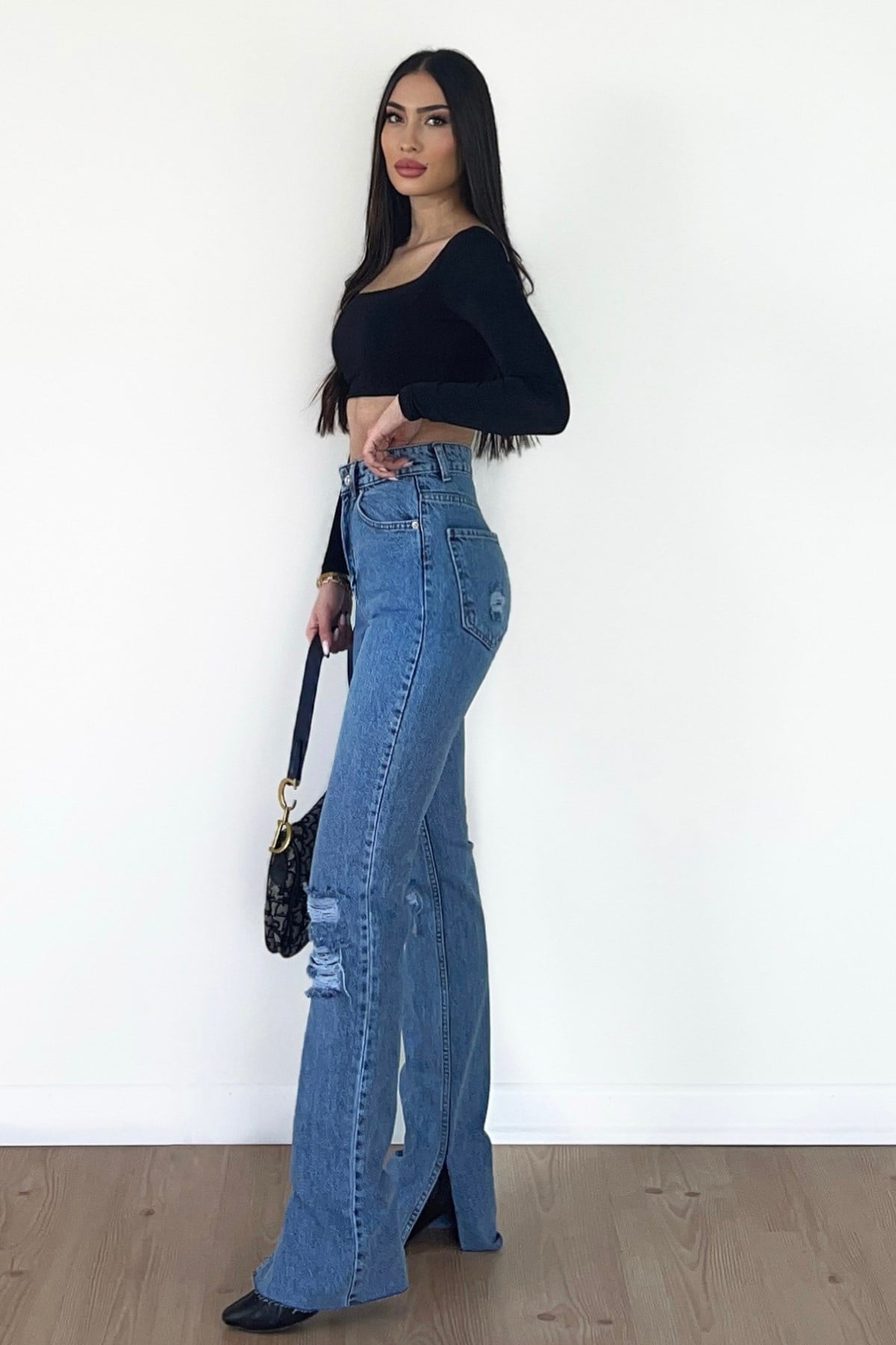 YIRTMAÇLI DİZİ YIRTIK KOYU MAVİ JEAN