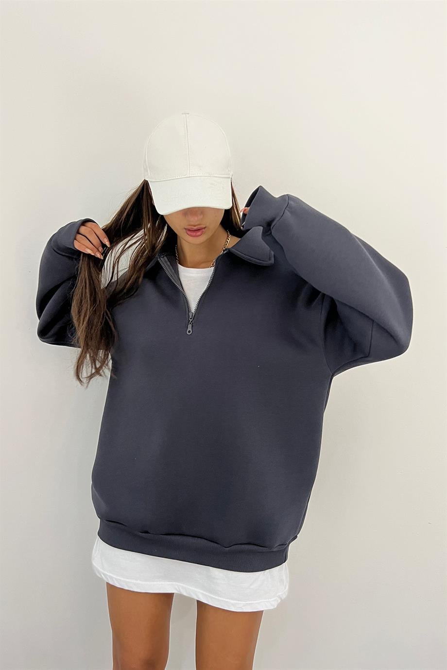 Antrasit Fermuarlı Polo Yaka 3 İplik Şardonlu Sweat