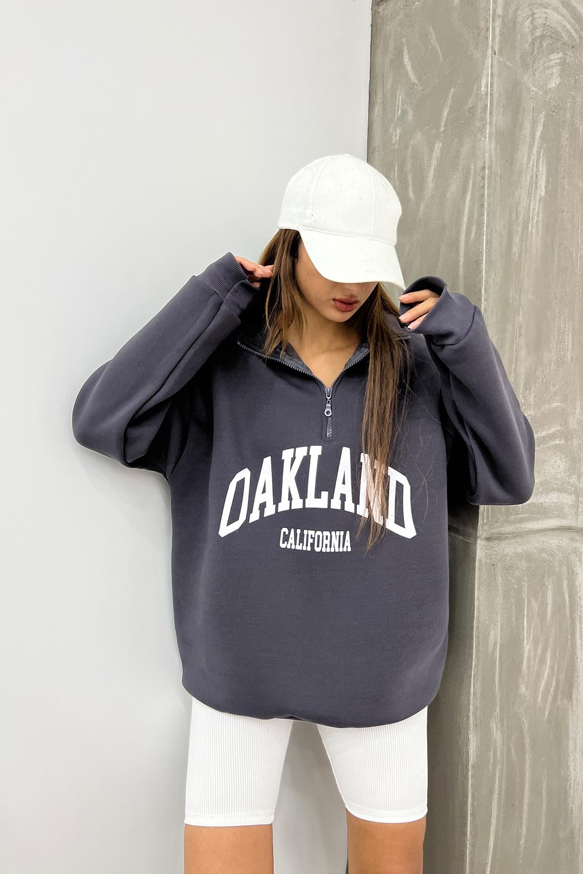Antrasit Oakland Baskılı Fermuarlı Sweat