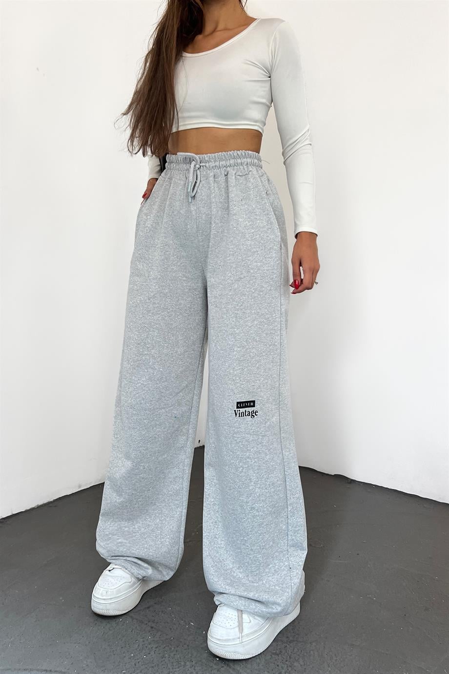 Gri Clever Vintage Baskılı Paça Ayarlanabilir Palazzo Eşofman