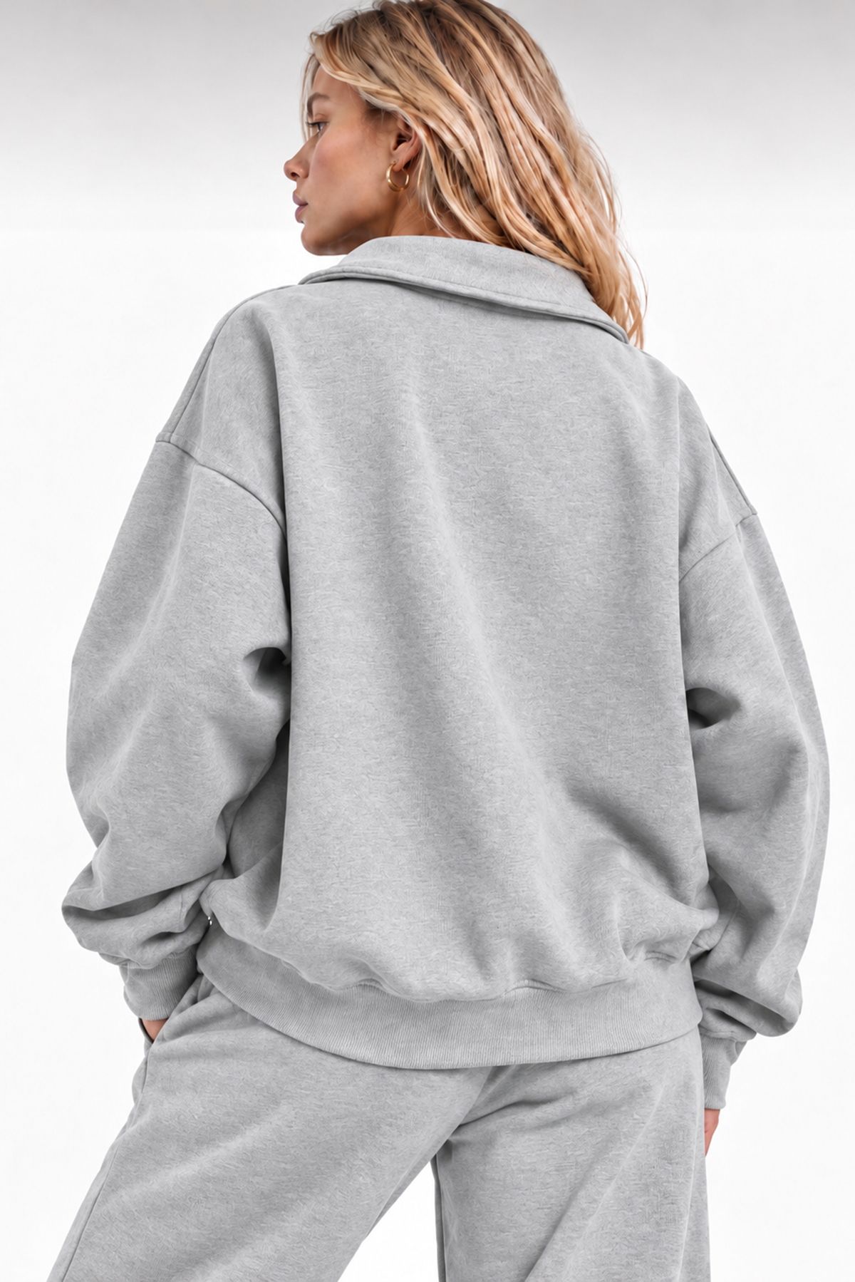 Gri Fermuarlı Polo Yaka 3 İplik Şardonlu Sweat
