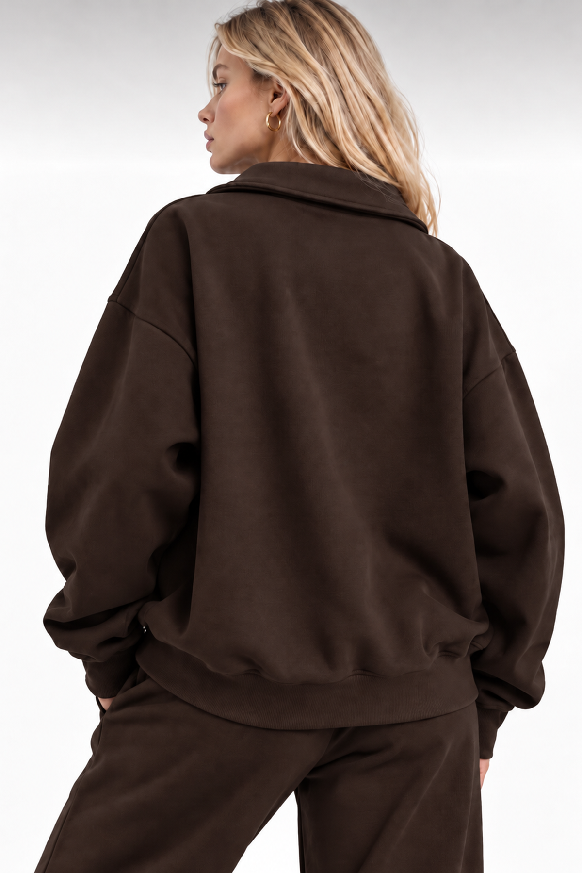 Kahve Fermuarlı Polo Yaka 3 İplik Şardonlu Sweat