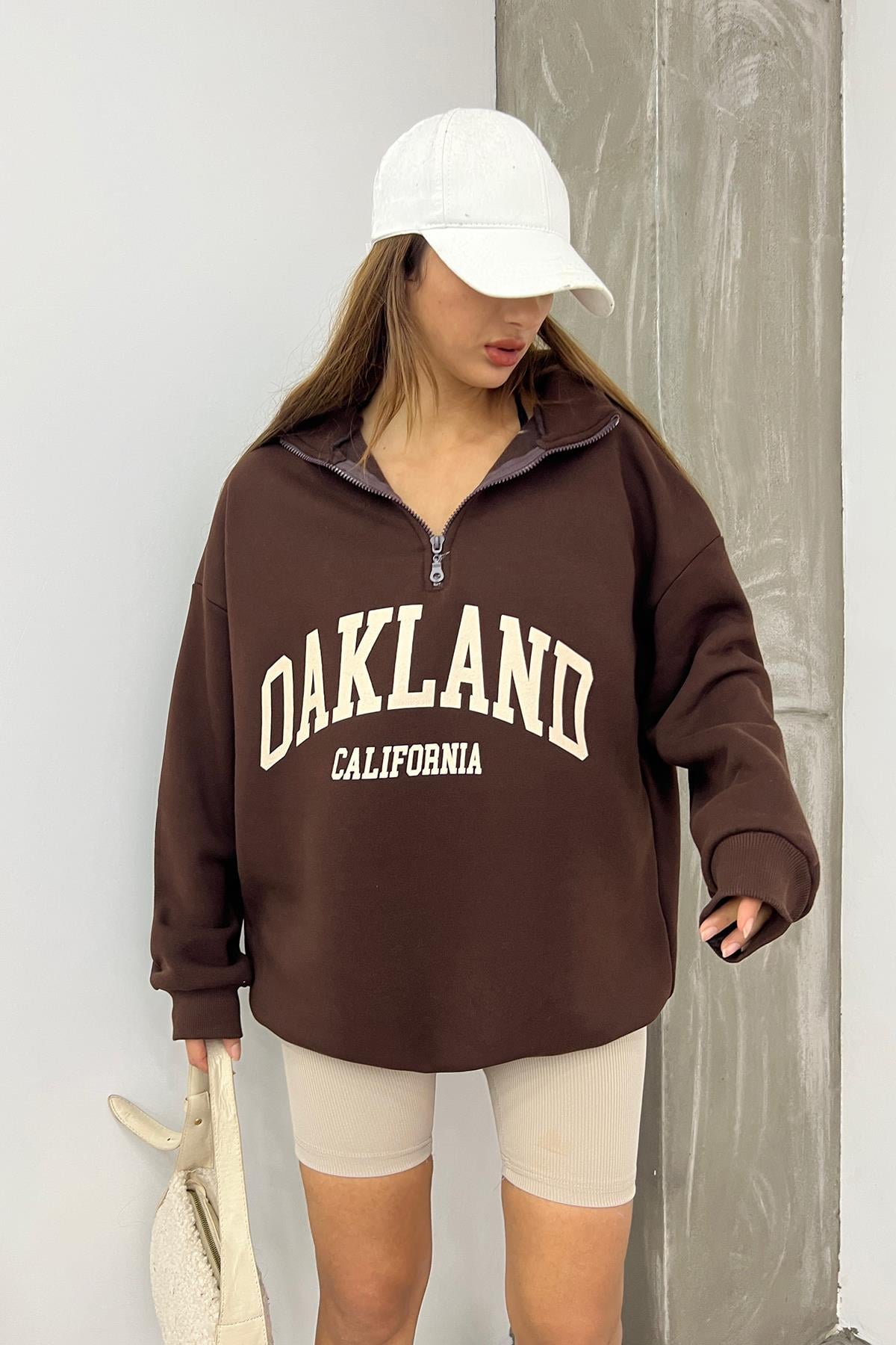 Kahve Oakland Baskılı Fermuarlı Sweat