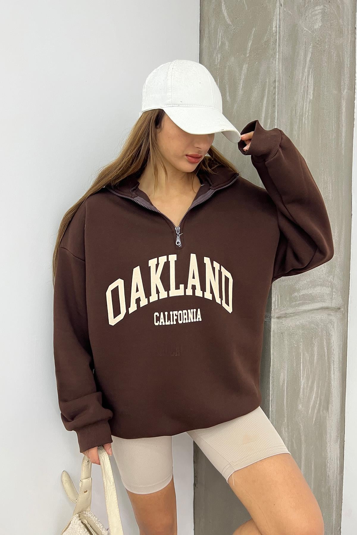 Kahve Oakland Baskılı Fermuarlı Sweat