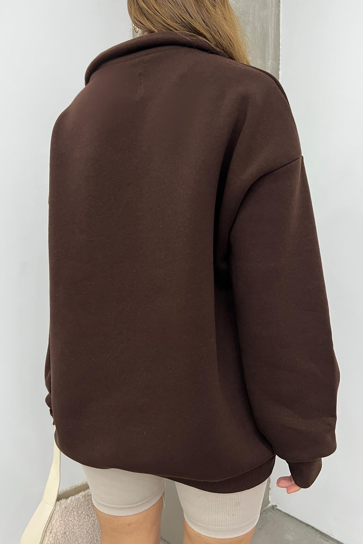 Kahve Oakland Baskılı Fermuarlı Sweat