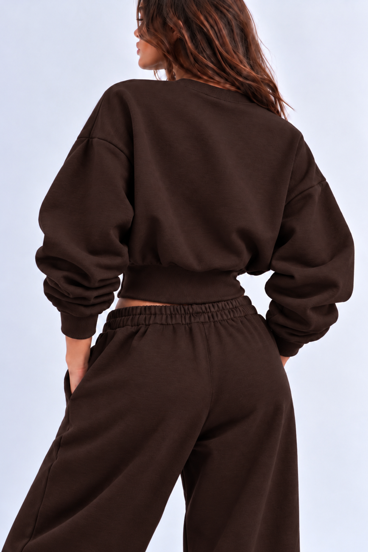 KAHVERENGİ 3 Iplik İçi Şardonlu Kuşaklı Crop Sweatshirt