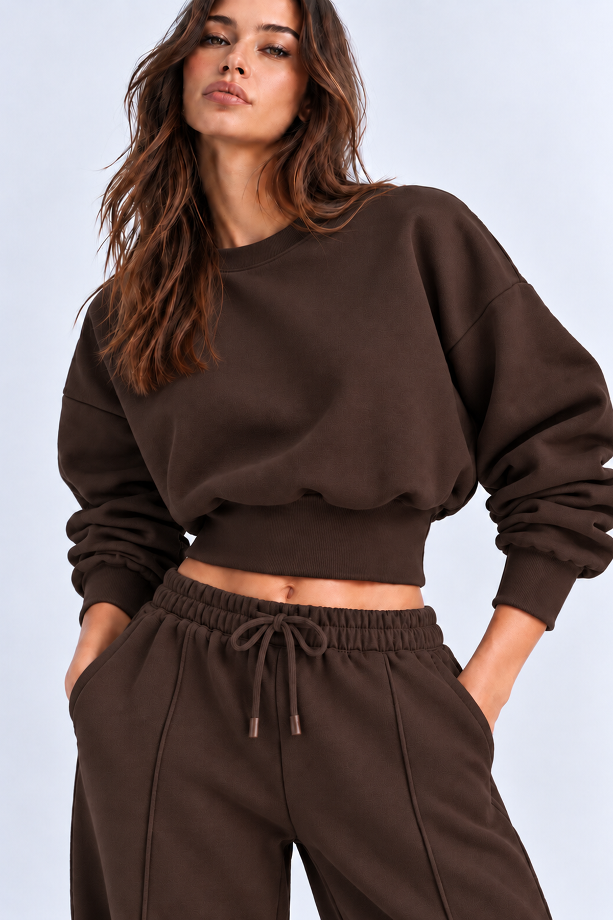 KAHVERENGİ 3 Iplik İçi Şardonlu Kuşaklı Crop Sweatshirt