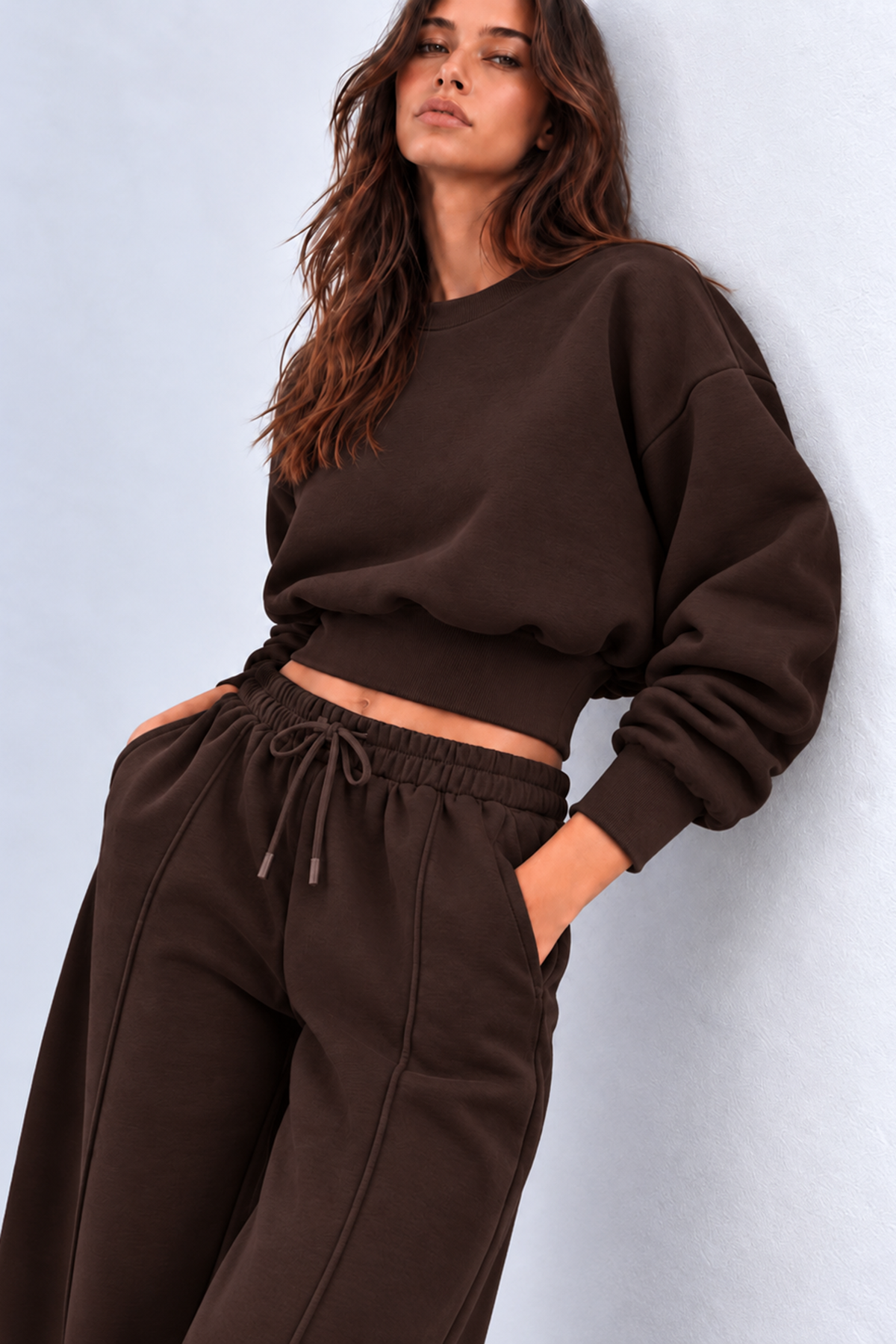 KAHVERENGİ 3 Iplik İçi Şardonlu Kuşaklı Crop Sweatshirt